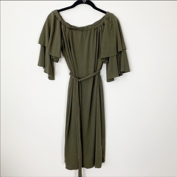 ANTHROPOLOGIE Sunday in Brooklyn Olive Off Shoulder Dress Casual Tie Waist SP - Picture 3 of 8